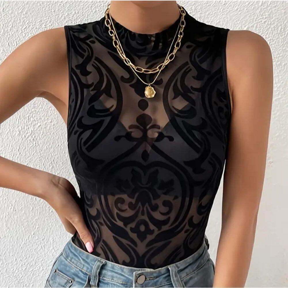 Elegant Sexy Geometric-Patterned Black Sleeveless Bodysuit Knit Fabric Crew Neck - Picture 2 of 11